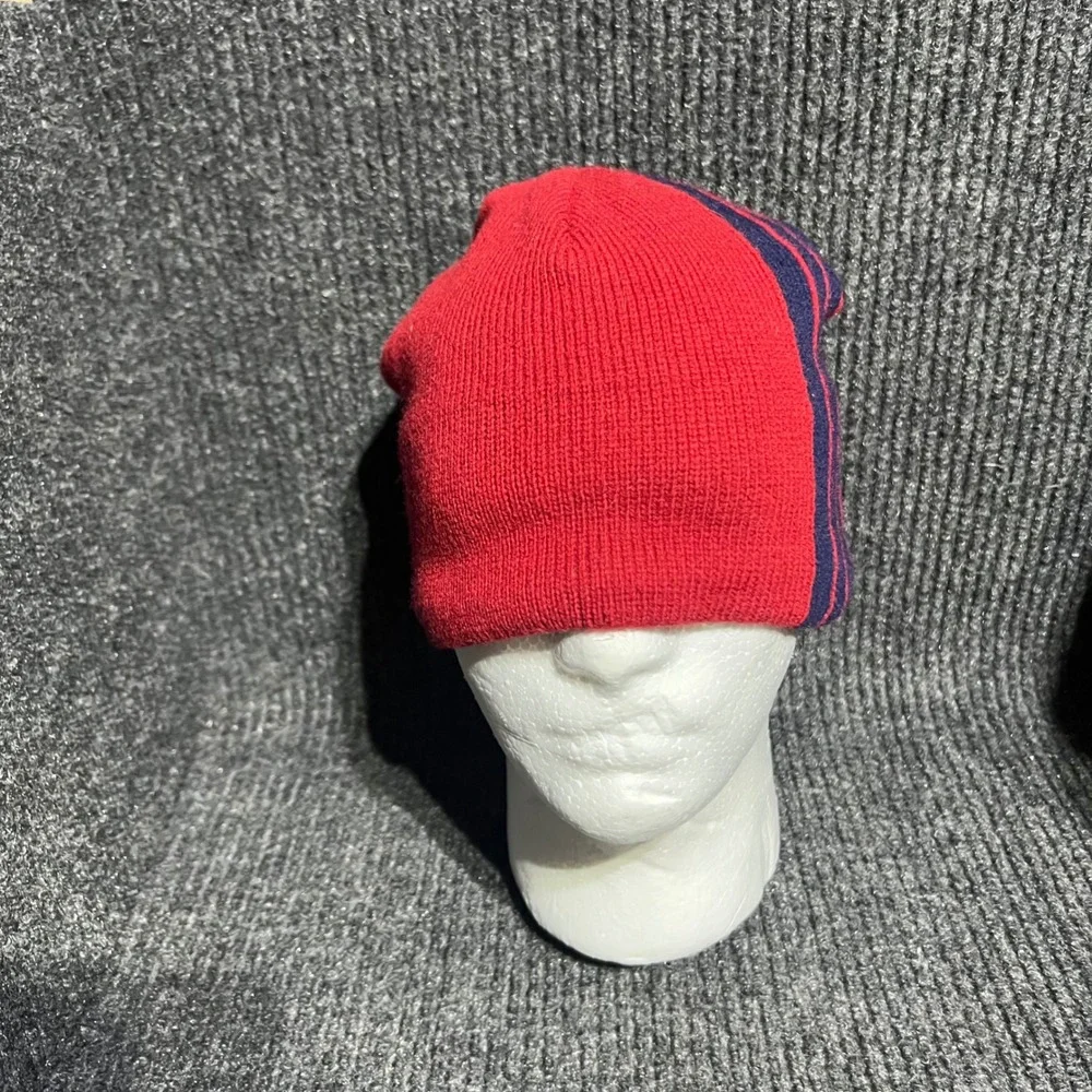 Vintage Polo Sport Beanie Mens OSFM Red Navy Blue Lambswool Fleece Lined Stripe